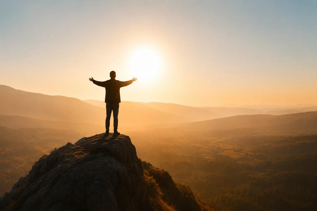Person standing on a mountain peak at sunrise with arms outstretched